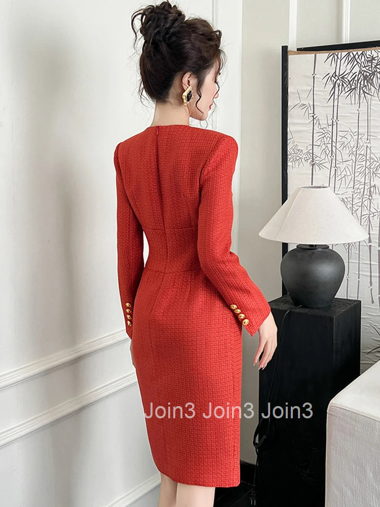 New Fashion Ladies Red Formal Occasion Pencil Dresses Women Clothes Mujer Elegant Office Commute Long Sleeve Slim Dress Vestidos