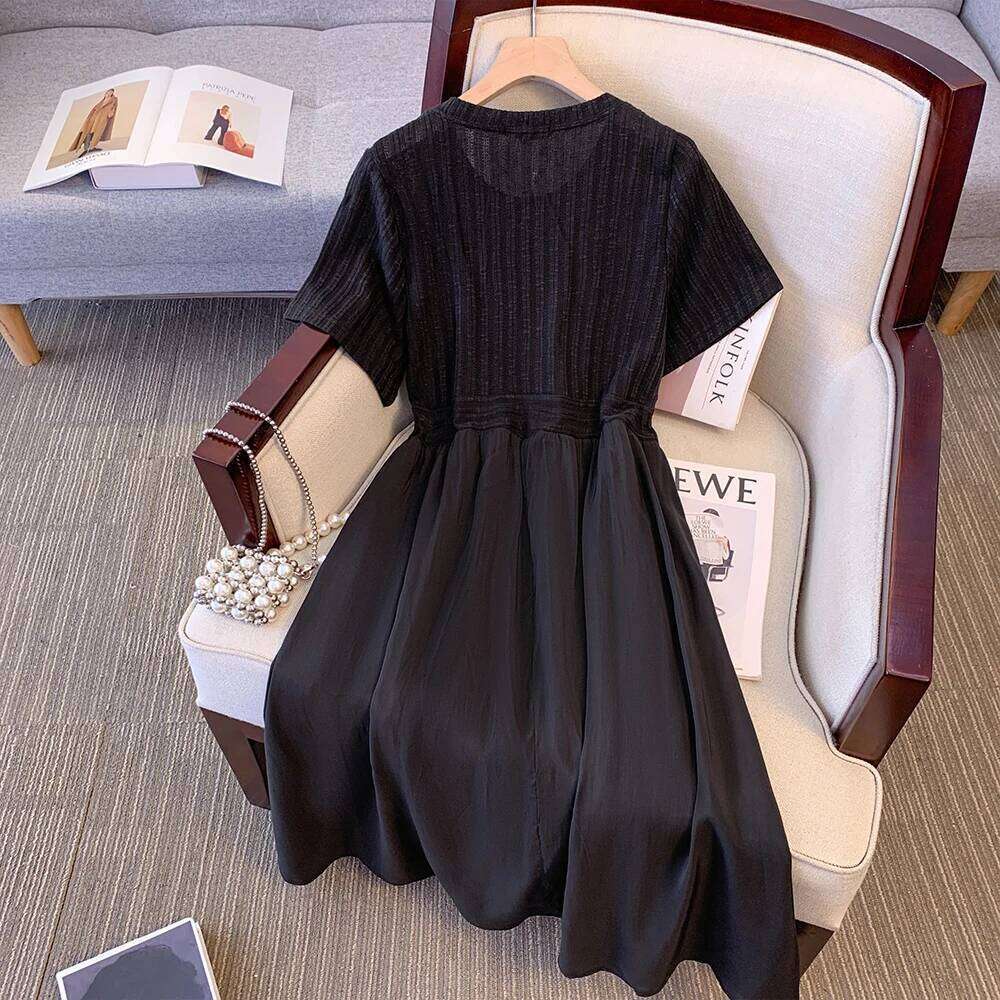 Plus Size Women's Summer Casual Dress Black Patchwork Design Skirt Loose Comfortable Breathable Fashion Commuter