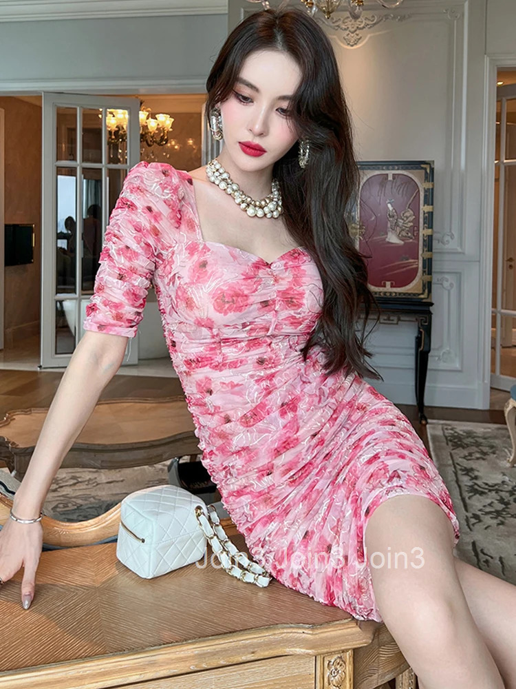 French Elegant Women Evening Dress Mesh Temperament Vintage Sweet Floral Folds Midi Party Beach Street Lady Femme Mujer Vestidos