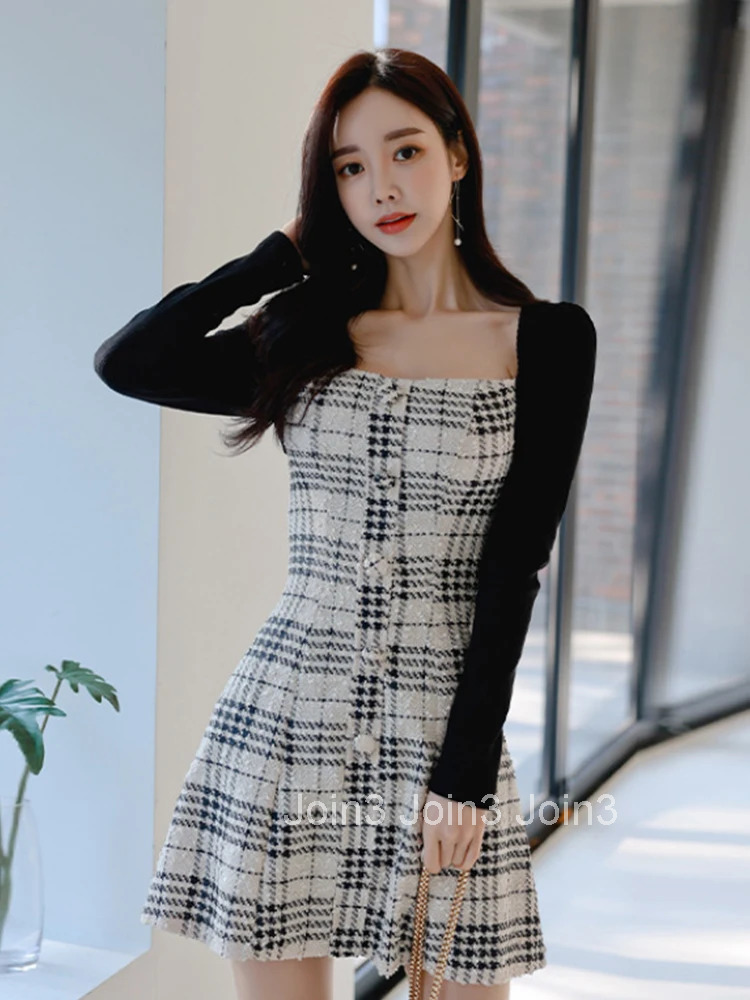 New Fashion Spring Autumn Fake 2-Piece Short A-Line Dress Ladies Women Elegant Square Collar Slim Mini Party Prom Mujer Vestidos