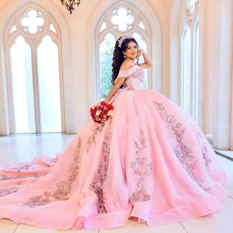 Pink Shiny Ball Gown Quinceanera Dres Glitter Sequins Lace Applique Beading Sweet 16 Vestidos De 15 Anos