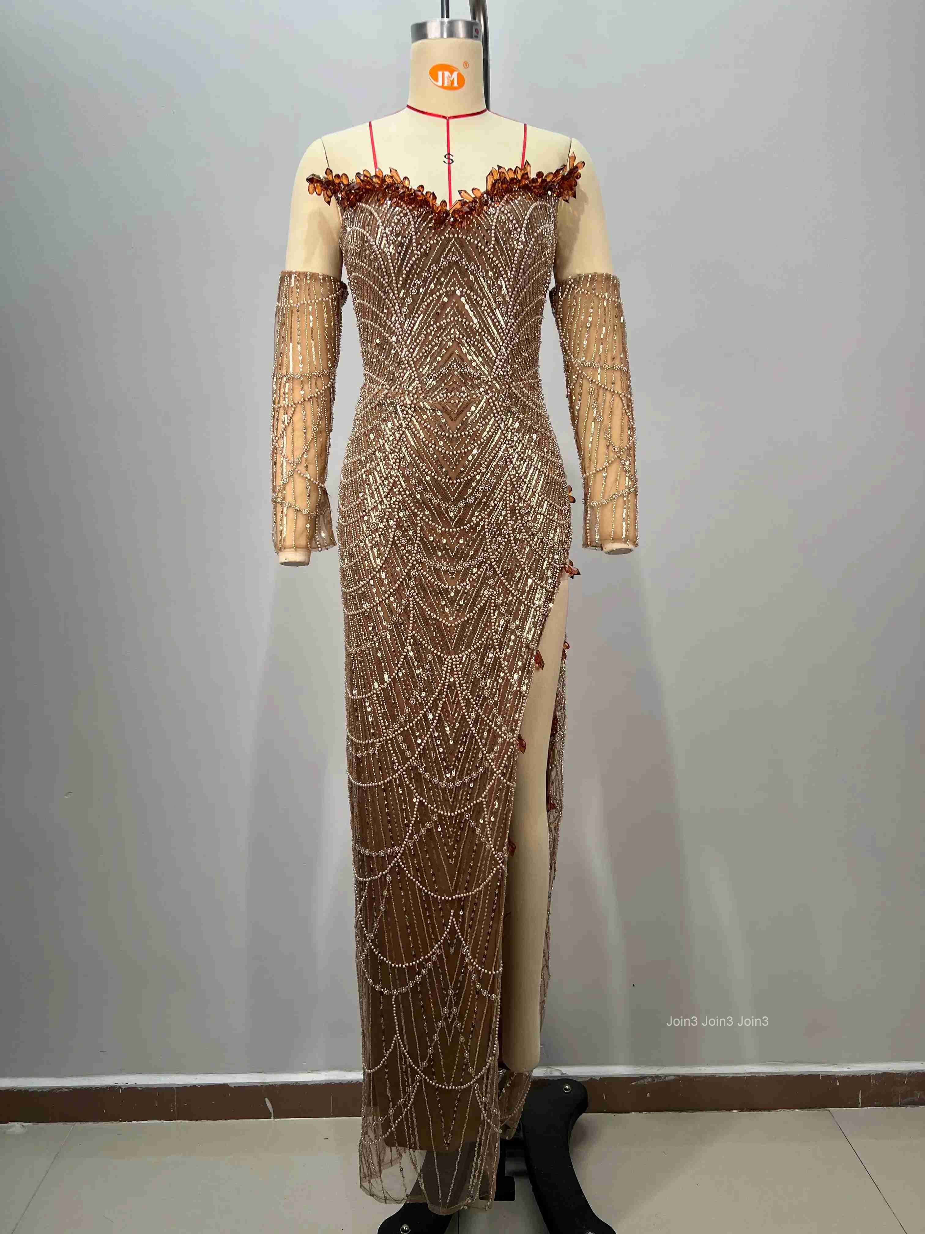 Womens Champagne Bandage Dress Halter Neck Sequin Long Sleeve High Slit Fitted Evening Gown Formal Party Dress