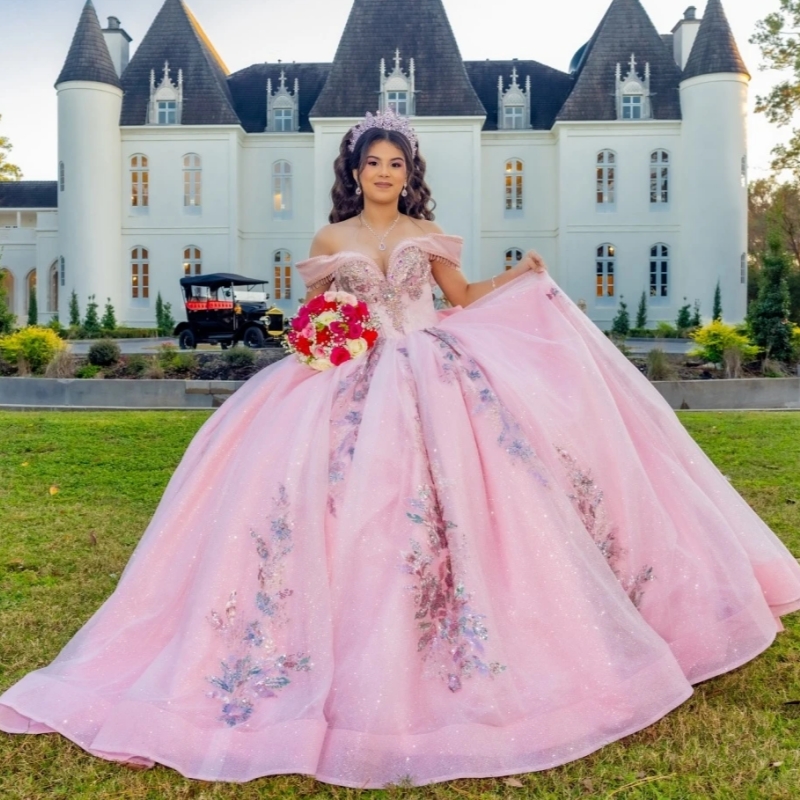 Pink Shiny Ball Gown Quinceanera Dres Glitter Sequins Lace Applique Beading Sweet 16 Vestidos De 15 Anos