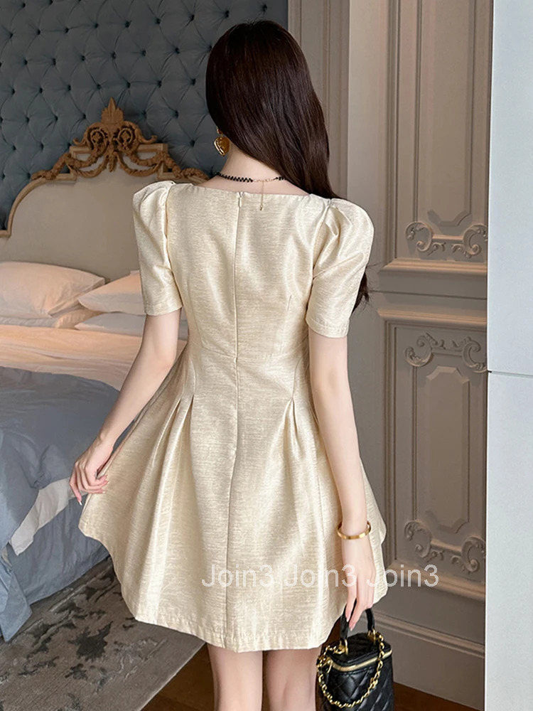 New Summer Fashion Elegant Solid Simple A-Line Short Dress Women Clothes Casual Retro Puff Sleeve Slim Party Prom Gown Vestidos