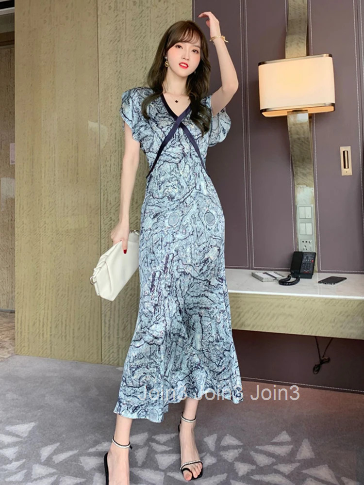New Arrival Fashion Korean Style Beach Party Dress Women Elegant Summer Short Sleeve Temperament OL Simple Print Trumpet Dress