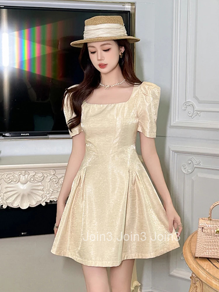 New Summer Fashion Elegant Solid Simple A-Line Short Dress Women Clothes Casual Retro Puff Sleeve Slim Party Prom Gown Vestidos