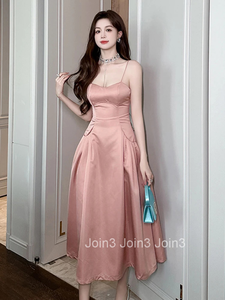 New French Elegant Summer Pink Gown Evening Dress Women Clothes Sweet Sexy Sling Folds Slim Long Robe Party Prom Vestidos Fiesta