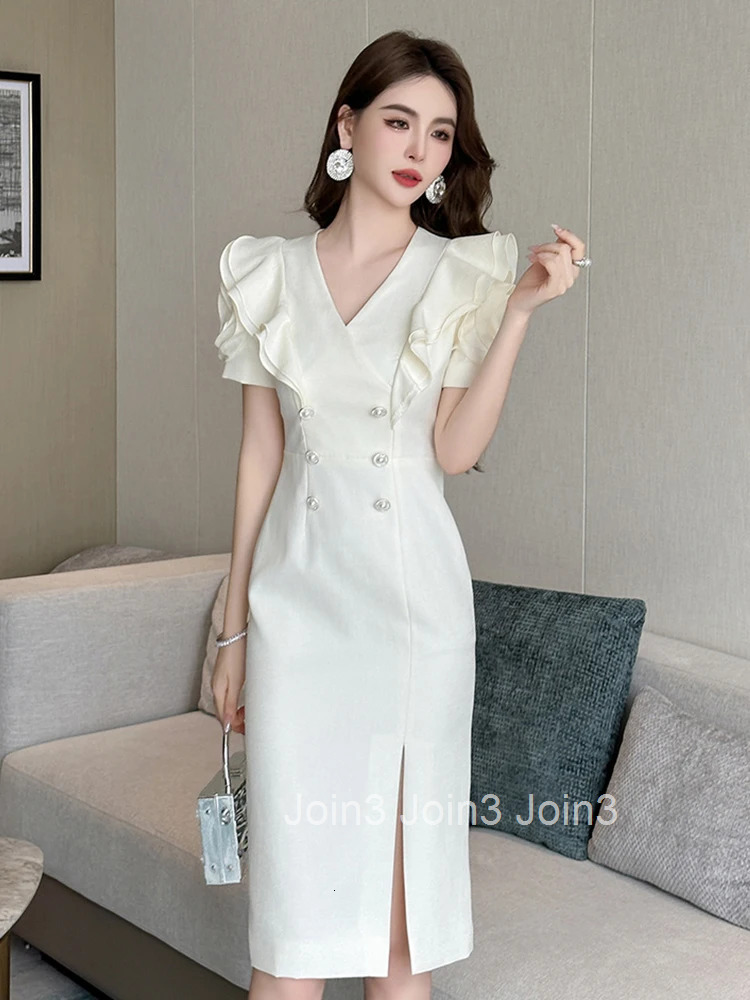 New Summer Fashion Elegant Office Formal Occasion Pencil Dress Women Clothes Commute Ruffle Puff Sleeve V-Neck Slim Midi Vestido