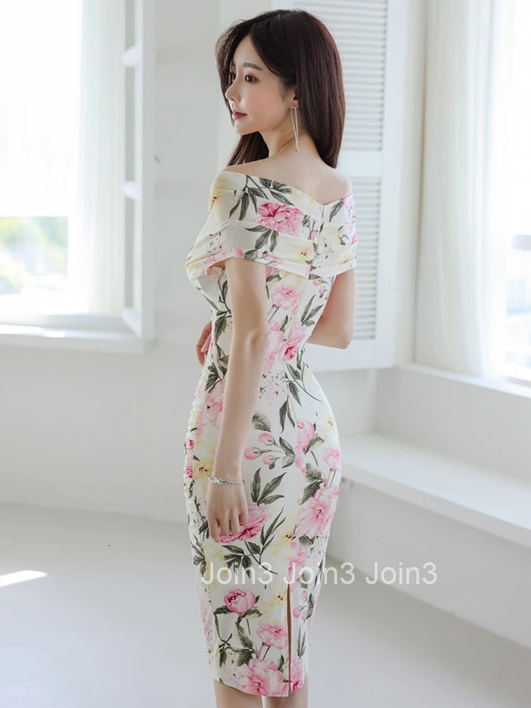 Fashion Summer Retro Party Club Evening Dress Ladies Mujer Elegant Chic Floral Print V-Neck Skinny Midi Prom Vacation Vestidos