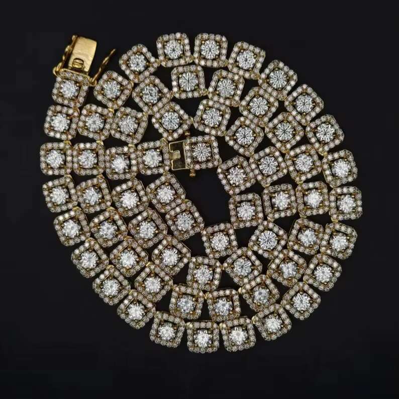 Solid 18K Gold Moissanite Diamond Chain Necklace Tennis Cuban Chain Necklace For Unisex Fashion Jewelry