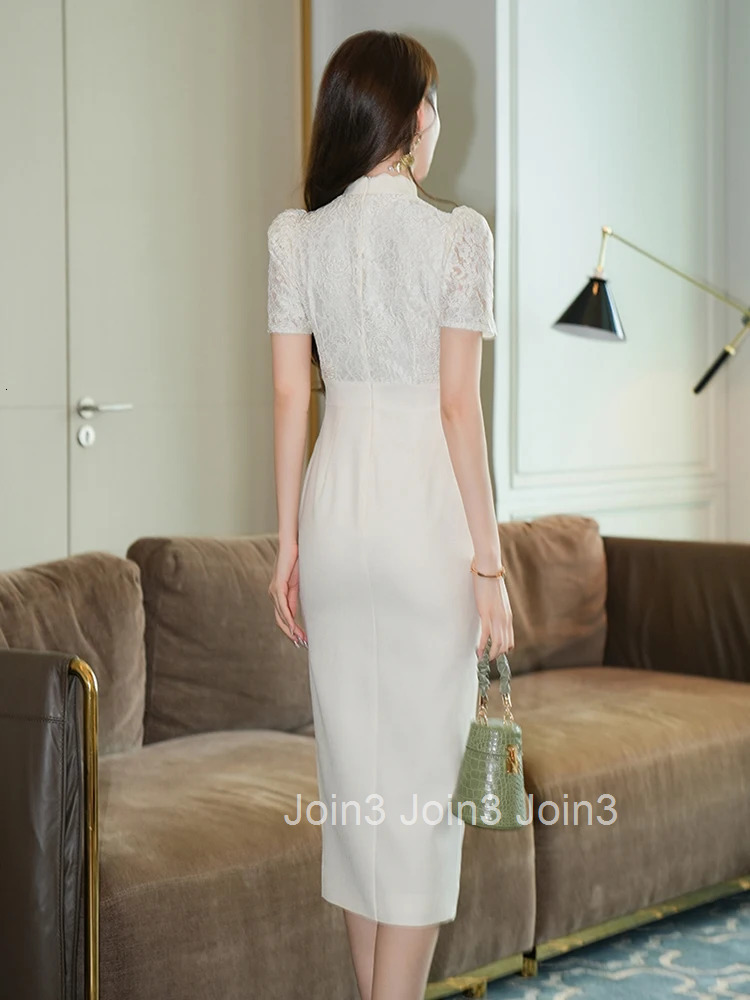 Summer White Fake 2-Piece Lace Splic Formal Occasion Dress Women Clothes Elegant Office Short Sleeve Slim Midi Pencil Vestidos