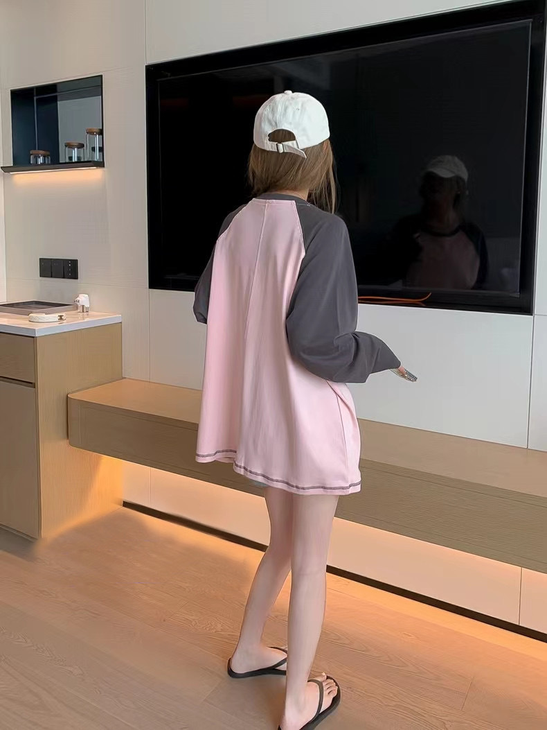 SL236 Women's Spring and Autumn Contrast Color Round Neck Loose Long Sleeve Top Thin Shirt Bottoming Shirt
