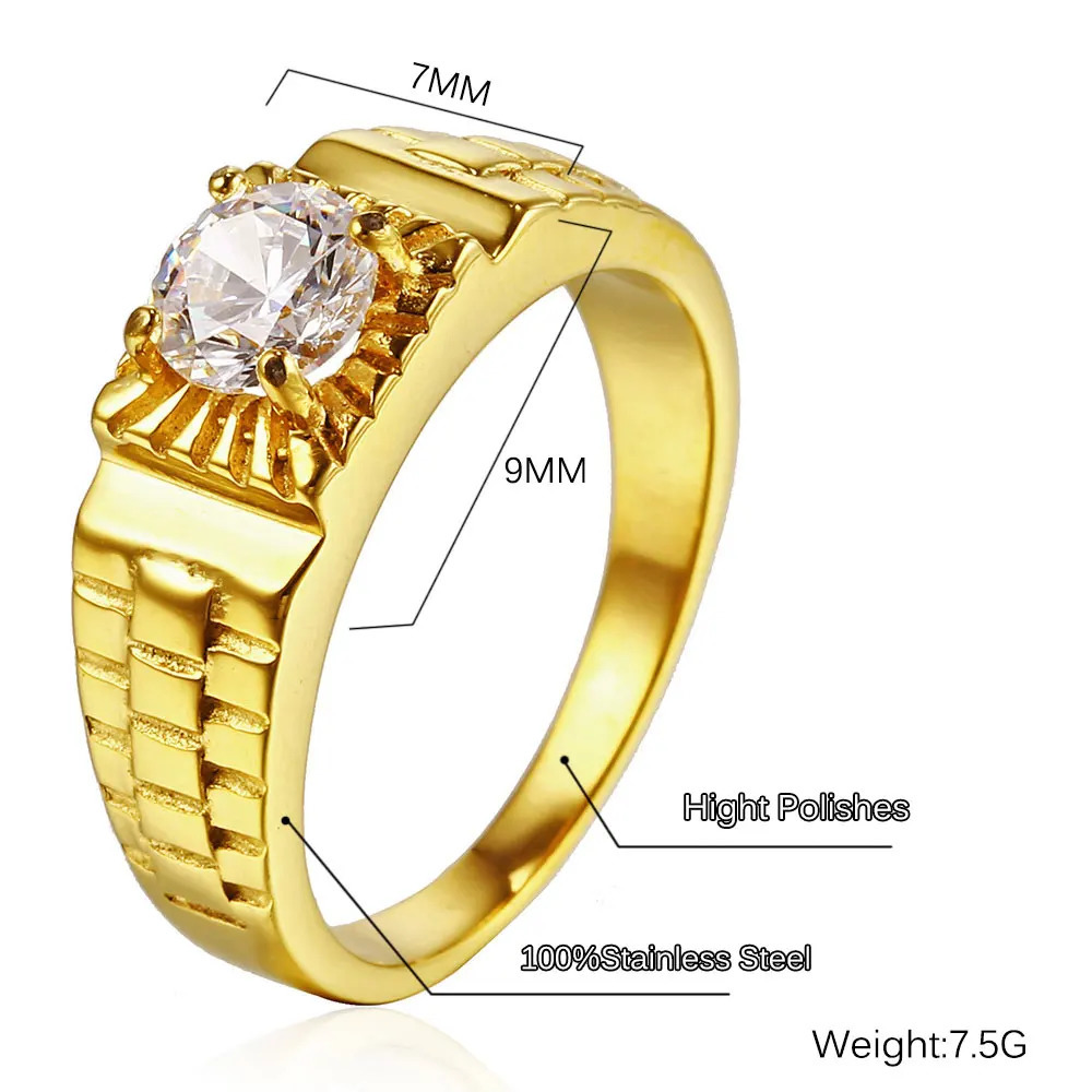 Fine Pure Yellow Gold Color Ring Solitaire 1ct Cubic Zircon Wedding Band No Faded Stainless Steel Rings For Women Accessories 250617