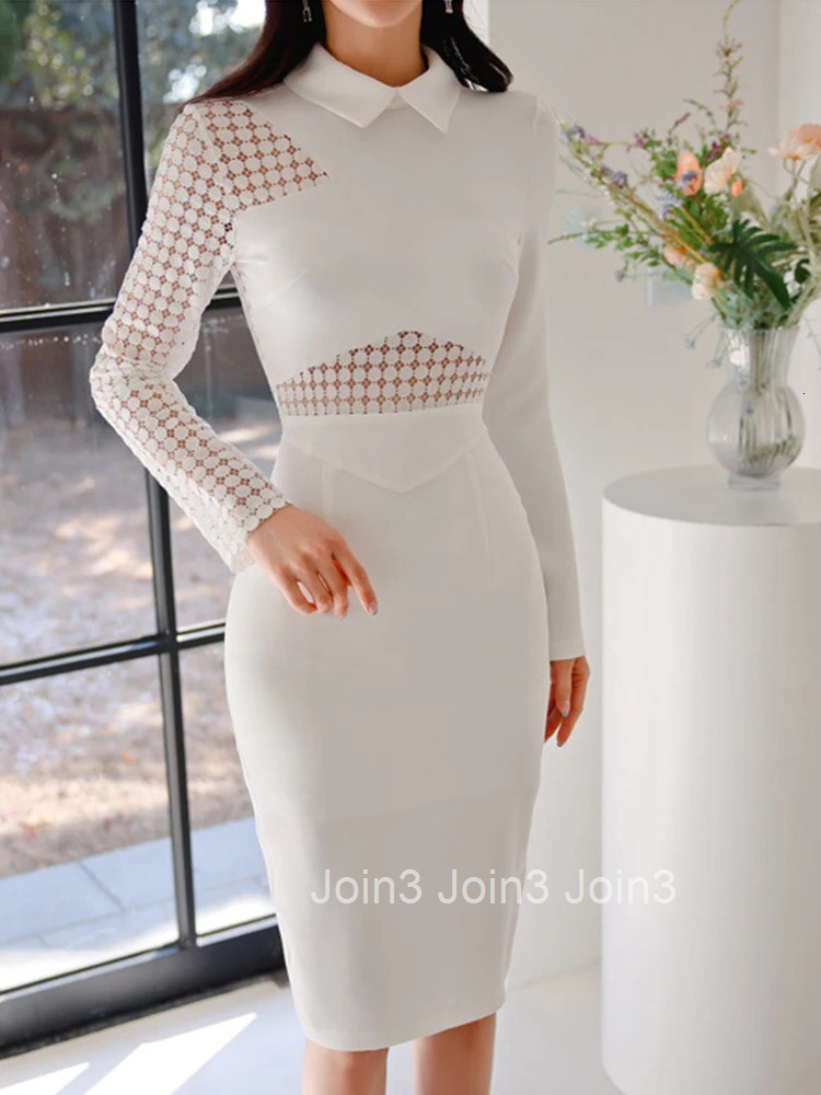 New Spring Autumn Elegant Office Women Dress Formal White Lace Sheer Sexy Long Sleeve Slim Midi Pencil Party Prom Mujer Vestidos