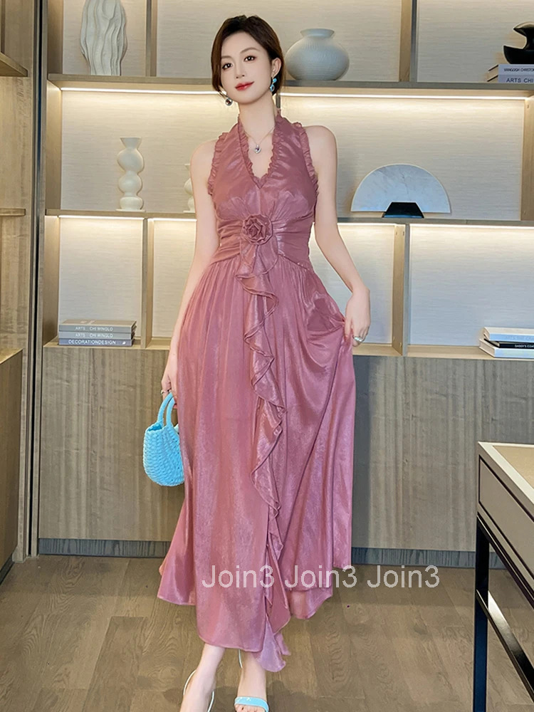 Summer Sweet Pink Ruffle Vacation Gown Evening Dress Women Clothes Elegant Sexy V-Neck Slim Maxi A-Line Robe Party Prom Vestidos