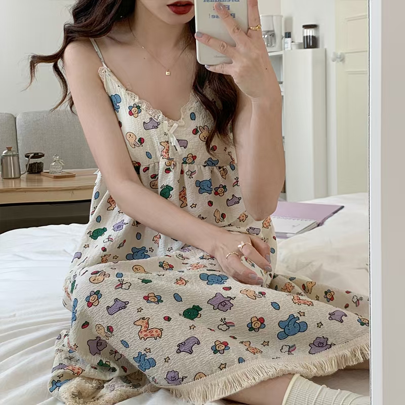 2025 women's models spring and summer sweet ins style halter mid-length loose nightgown female home dressred Patrick Spaghetti Straps hot-sale pr