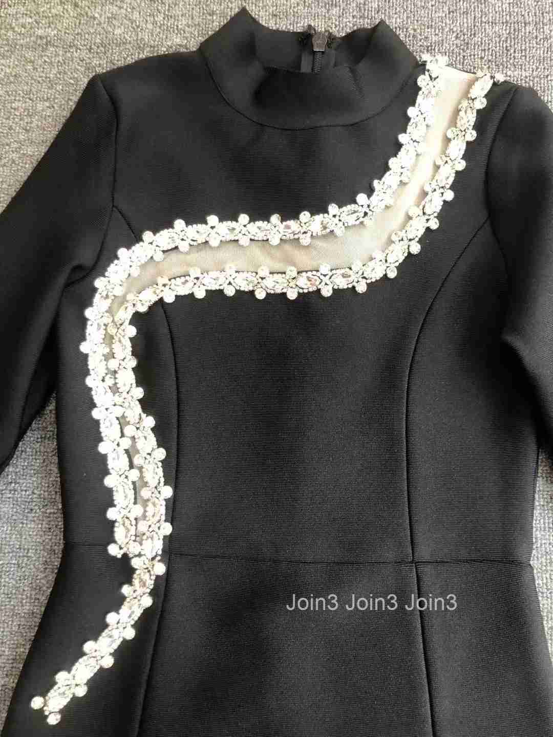 Bandage Dress For Women Black Elegant Long Sleeve Autumn/Winter Sexy Gauze Splicing Diamond Embelling Slit Evening Party Gown