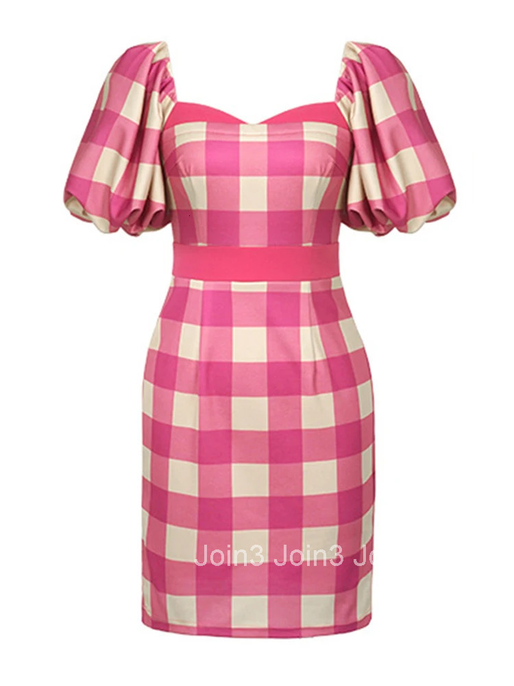 French Style Summer Wrap Hip Short Dress Women Elegant Sweet Plaid Puff Sleeve Slim Mini Mujer Vestidos Stretchy Street Clothes