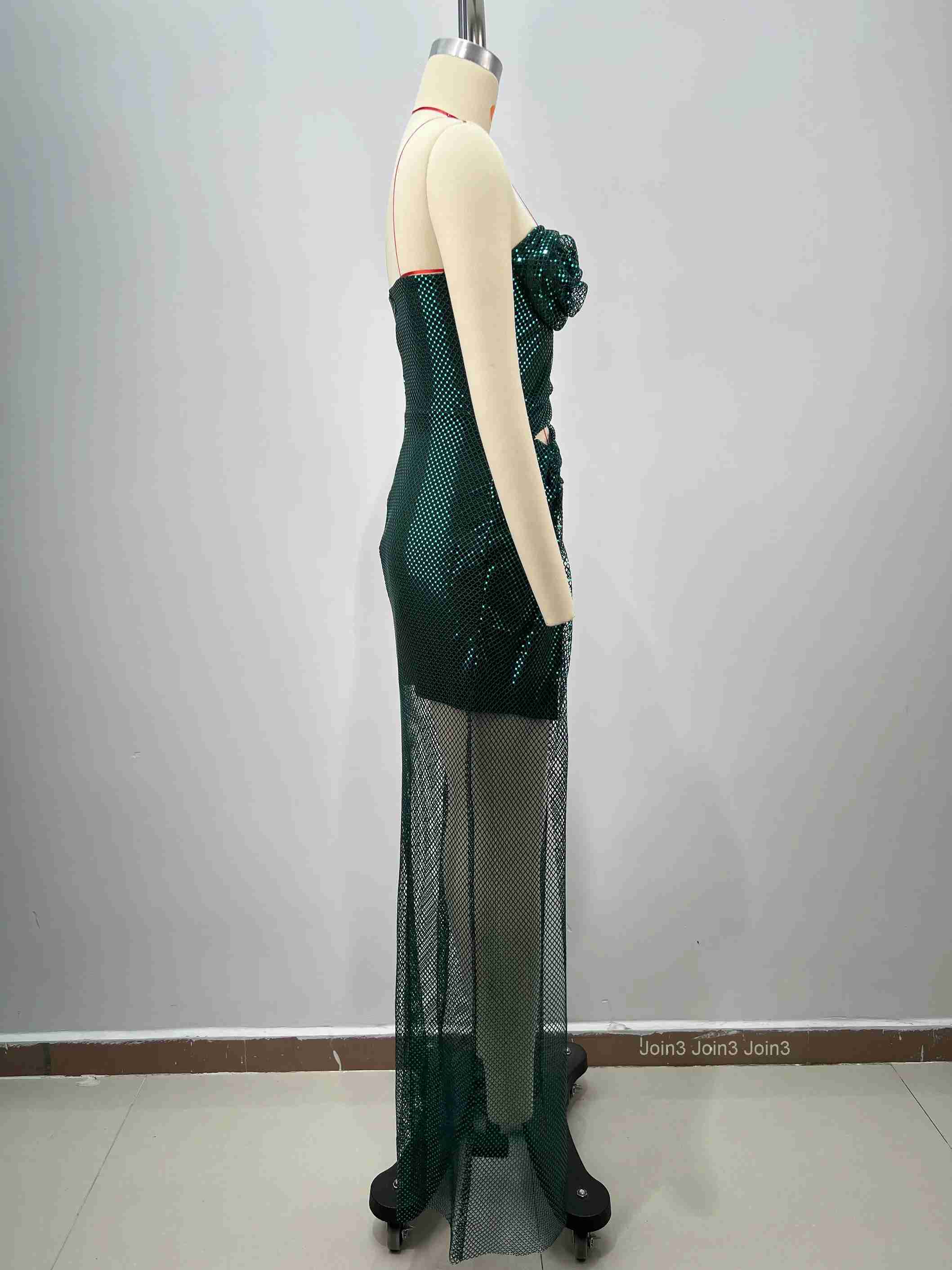Womens Green Bandage Dress Off-Shoulder Sequin 3D Floral Appliques Cut-Out High Slit Sheer Mesh Evening Gown