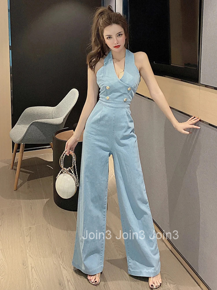 Fashion Summer One Piece Jumpsuit For Women Denim Retro Sexy Halter Sleeveless Femme Mujer Wide Leg Loose Rompers Street Clothes