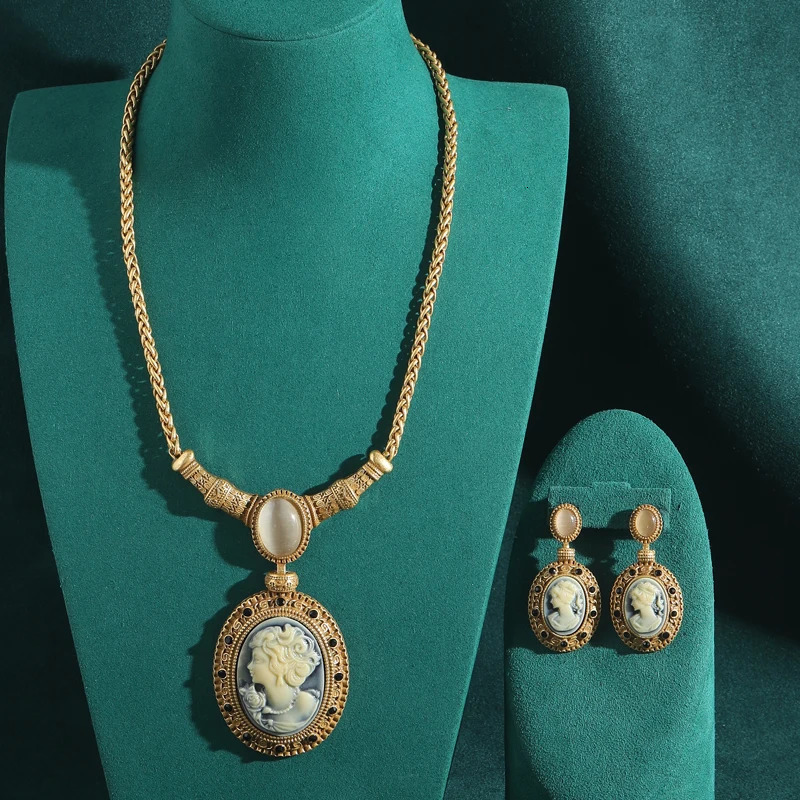 Vintage Cameo Jewelry Sets Natural Stone Oval Relief Portrait Of A Beauty Woman Pendants Retro Outfits s Trend 250618