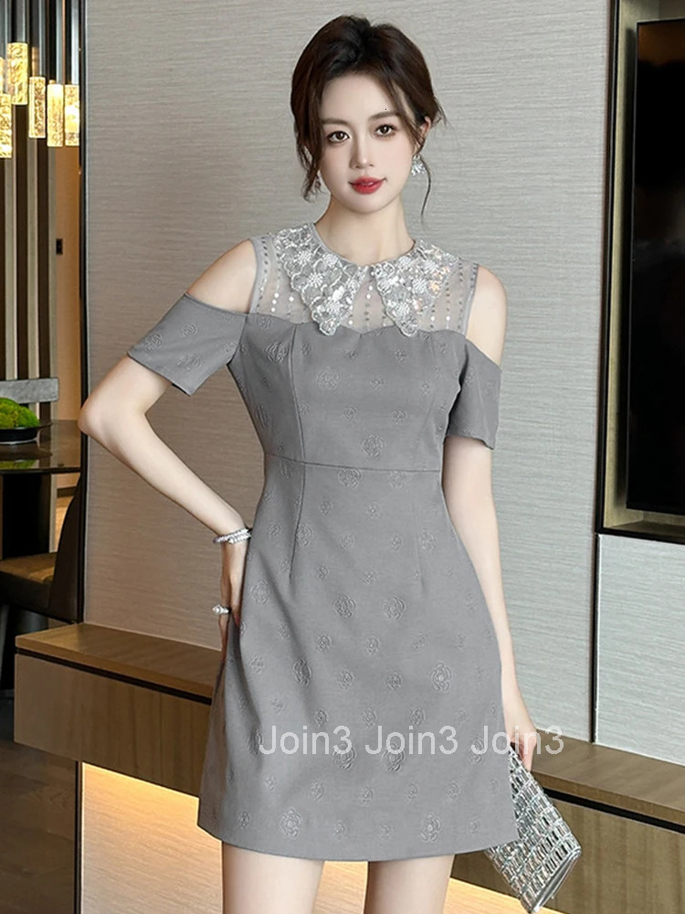 Women Clothes Silvery Sequin Sexy Off-Shoulder Slim A-Line Mini Short Dress Elegant Luxury Fashion Evening Party Prom Vestidos