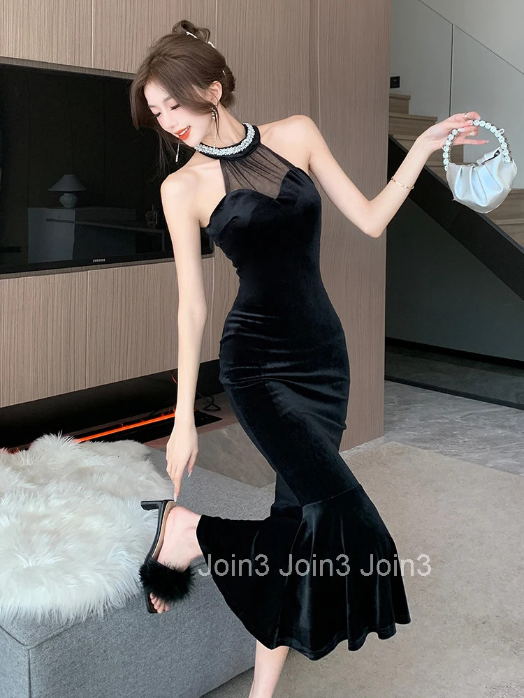 New Fashion Black Velvet Evening Dress Women Clothes Elegant Sexy Off-Shoulder Skinny Midi Robe Party Club Prom Vestidos Fiesta