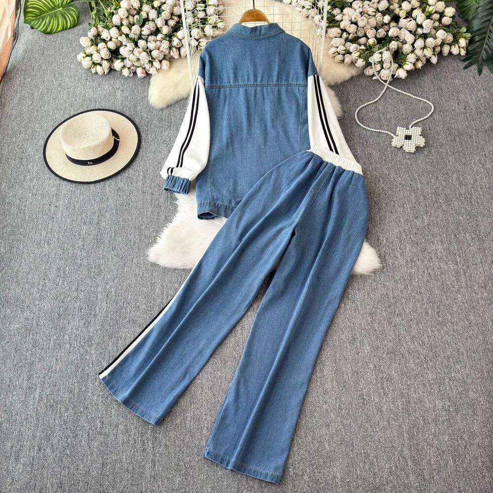 Color Contrast Fake Two Shirts + Wide Leg Pants Suit Sports Casual Denim Loose Slimming Women Two-piece Set