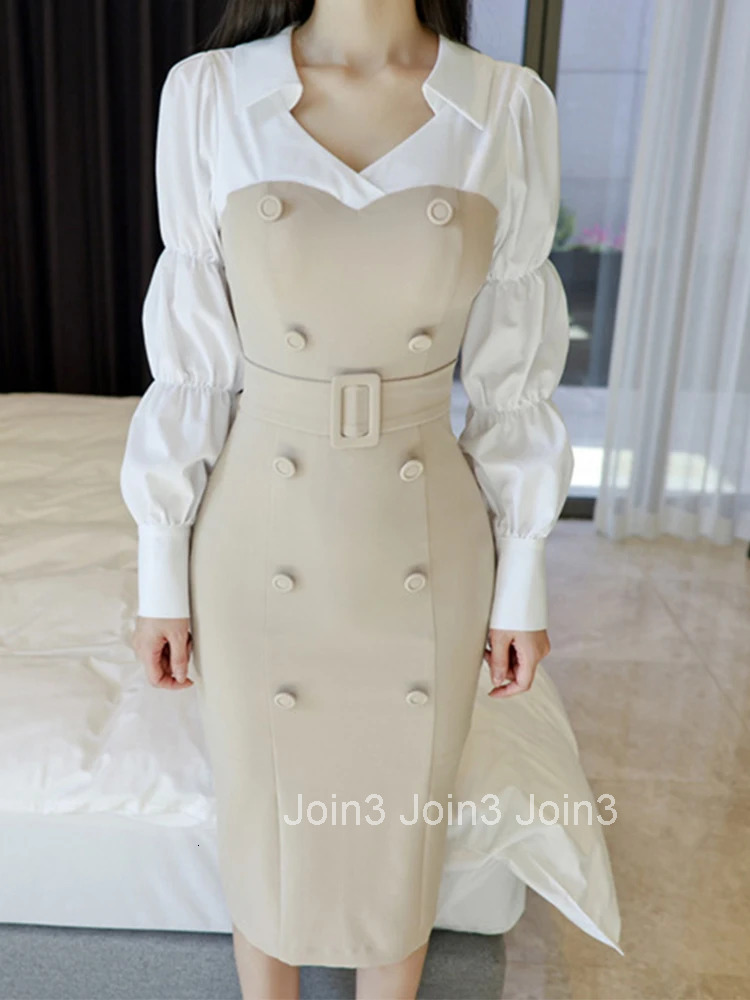 new arrival fashion spring autumn women temperament age reduction patchwork double breasted v-neck lantern sleeve pencil dress