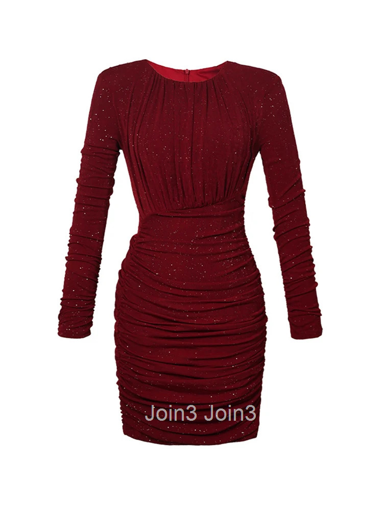 New Spring Autumn Fashion Women Evening Dress Chic Sparkly Sexy O-Neck Folds Bodycon Mini Party Club Prom Stretchy Mujer Vestido