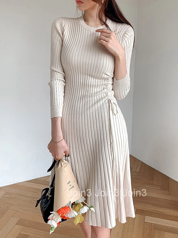 New Autumn Winter Knitted Stretchy A-Line Dress Women Clothes Mujer Sweater Casual Simple O-Neck Skinny Midi Drawstring Vestidos