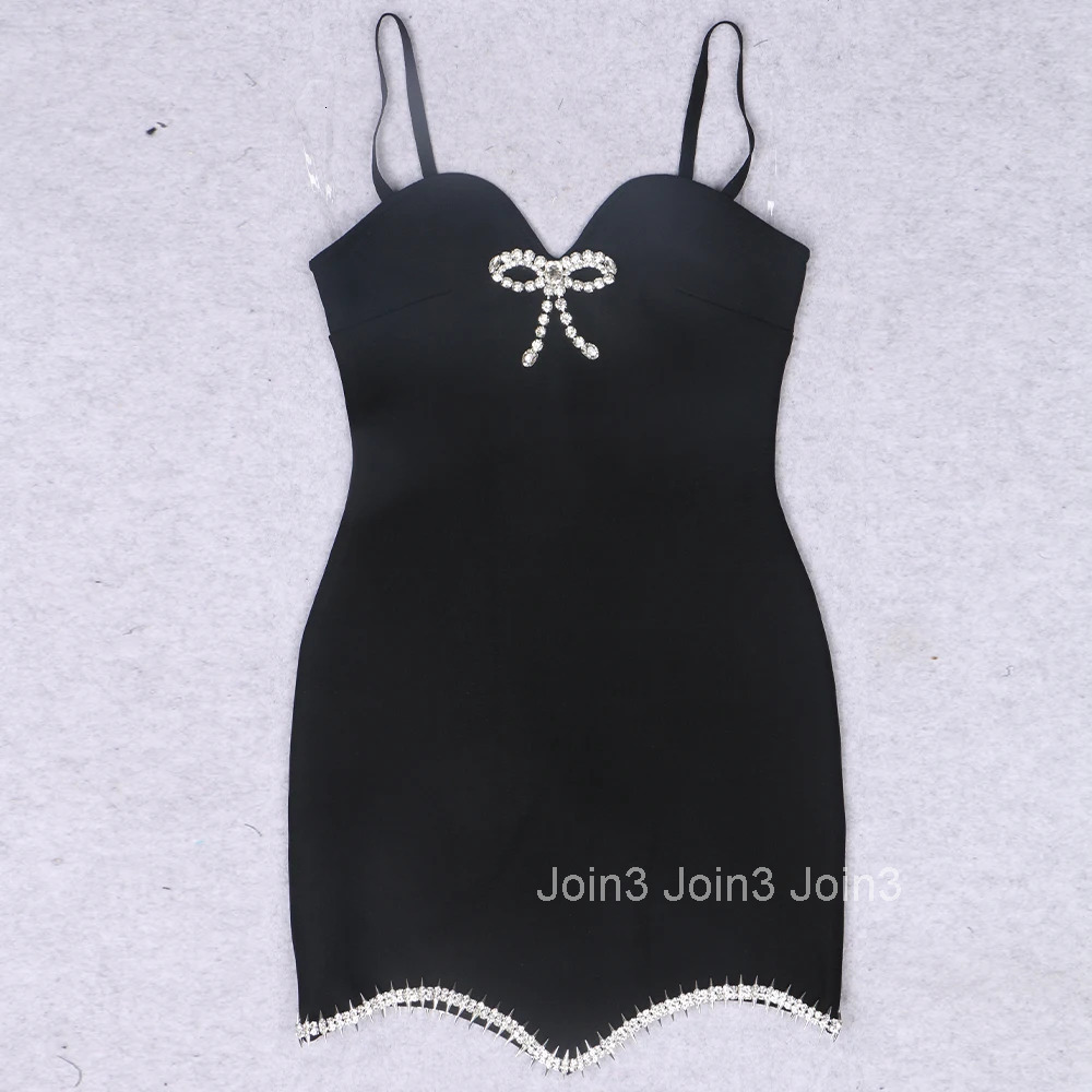 2025 New Summer Fashion Lady Bandage Dress Black White Sleeveless Diamond Embellished Bow Sexy Backless Club Evening Party Gown