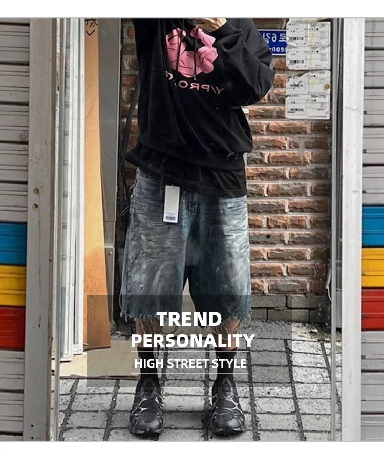 MIJKO Jeans Shorts Damaged Hole Baggy Shorts Men Women Streetwear Casual Denim Cargo Pants 250618