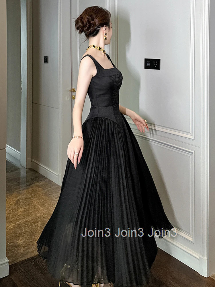 Women Vacation Clothes Black Sexy Sling Slim Pleated Maxi Long Dress Elegant Fashion Evening Party Club Prom Vestidos Robe New