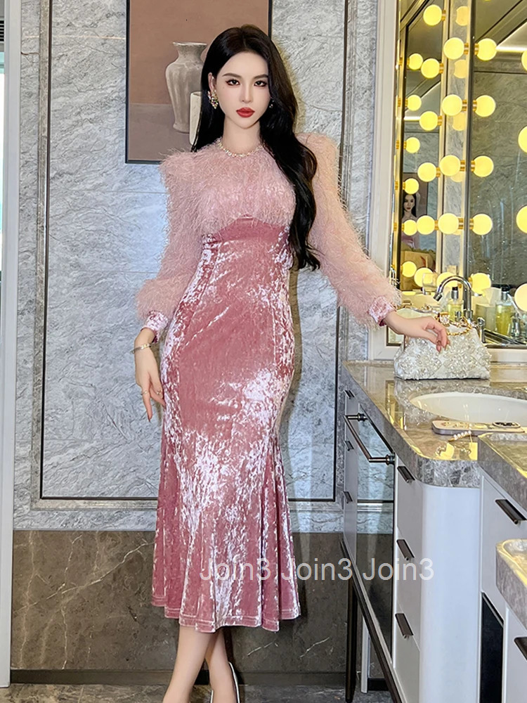 Autumn Winter Fashion Retro Elegant Luxury Evening Dress Women Clothes Casual Velvet O-Neck Skinny Midi Robe Party Prom Vestidos