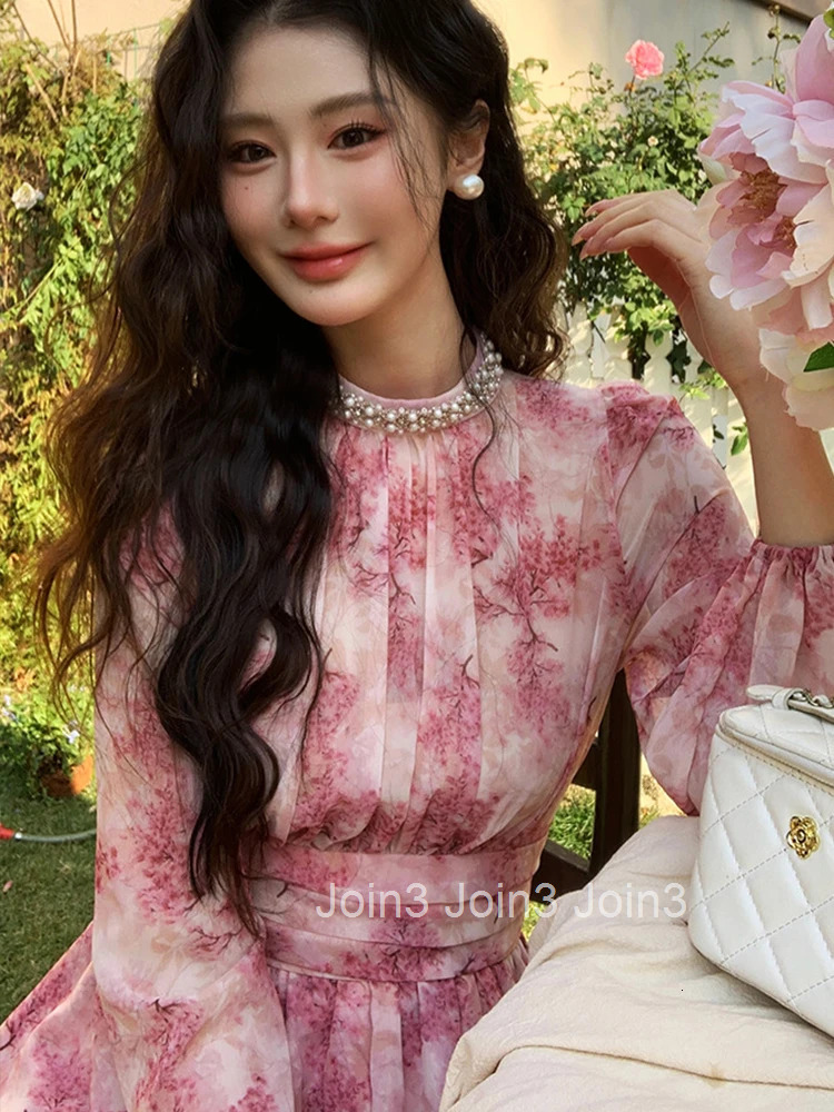 Women Vacation Clothes Sweet Pink Chiffon Floral Print O-Neck Slim Mini Short A-Line Dress Elegant Fashion Party Vestidos Casual