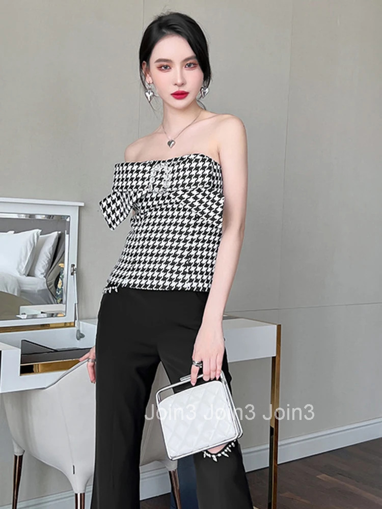 Elegant Women Sexy Party Club Ladies Clothes Strapless Blouse Houndstooth Chest Wrap Bow Diamond Coffee Break Female Short Tops