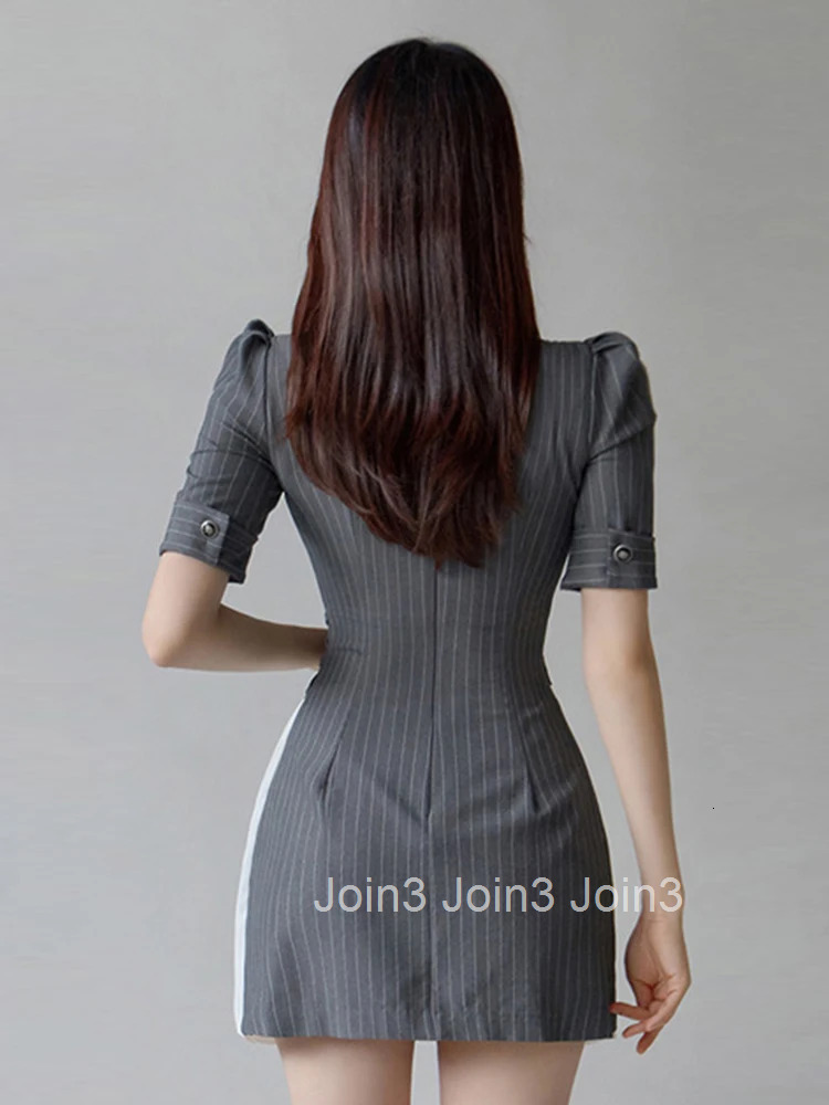 Fashion Vintage Work Style Formal Striped Asymmetrical Short Dress Women Clothes Elegant Office Puff Sleeve Slim Mini Vestidos