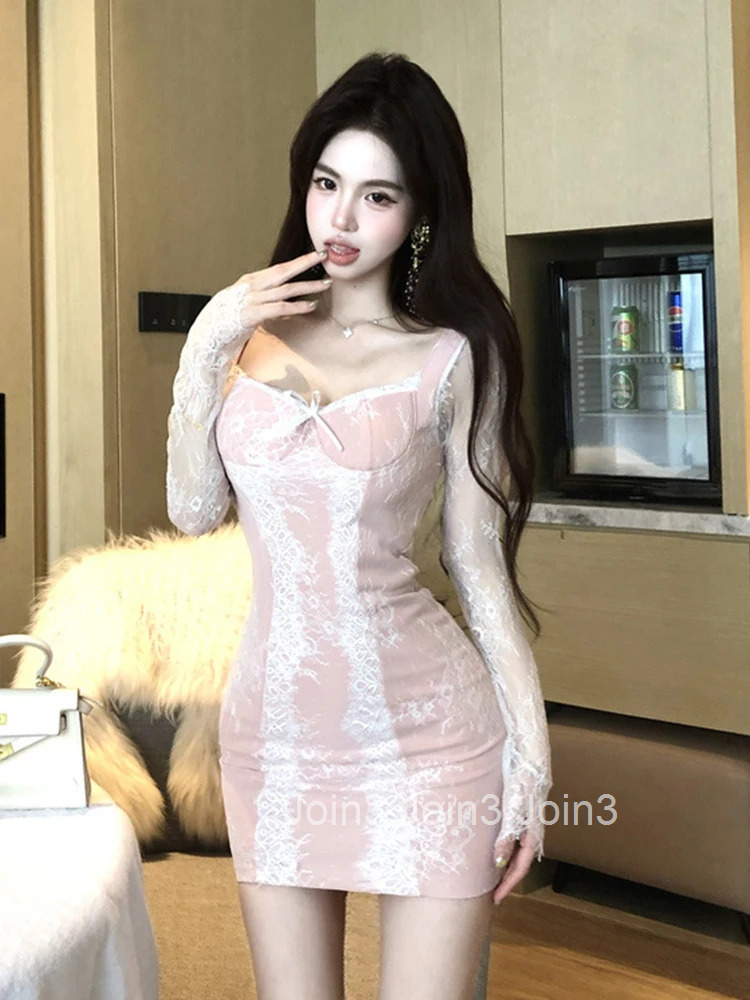 Hotsweet Cute Prom Dress Women French Sheer Perspective Lace Patchwork Bow Wrap Hip Skinny Short Gown Lady Date Party Vestidos