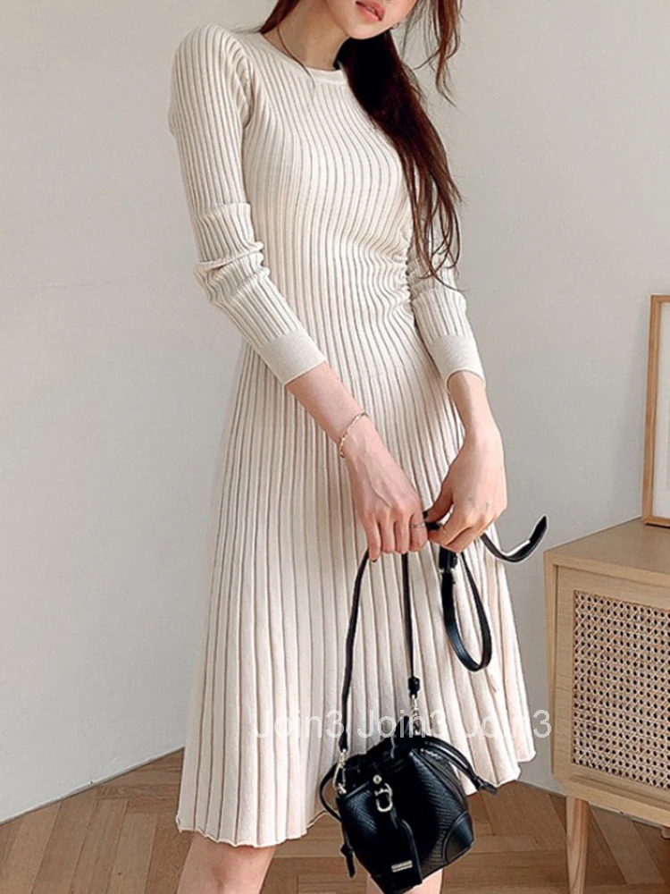 New Autumn Winter Knitted Stretchy A-Line Dress Women Clothes Mujer Sweater Casual Simple O-Neck Skinny Midi Drawstring Vestidos