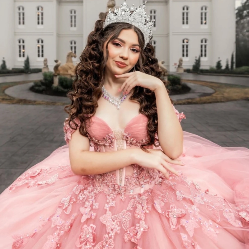 Blush Shiny Ball Gown Quinceanera Dresses Bow Beaded Crystal With Cape Tull Sweet 16 Dress Vestidos De 15 Anos