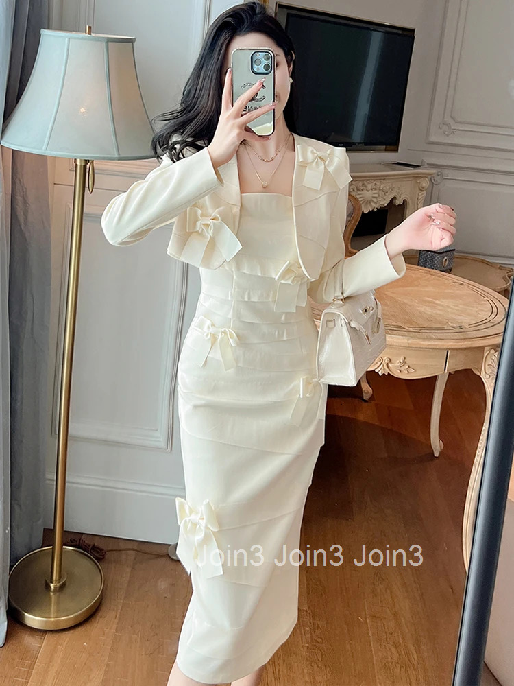 New Autumn Winter Chic Bow Pencil Dress Women Ladies Clothing Elegant Pretty Sexy Strap Slim Midi Party Prom Robe Mujer Vestidos