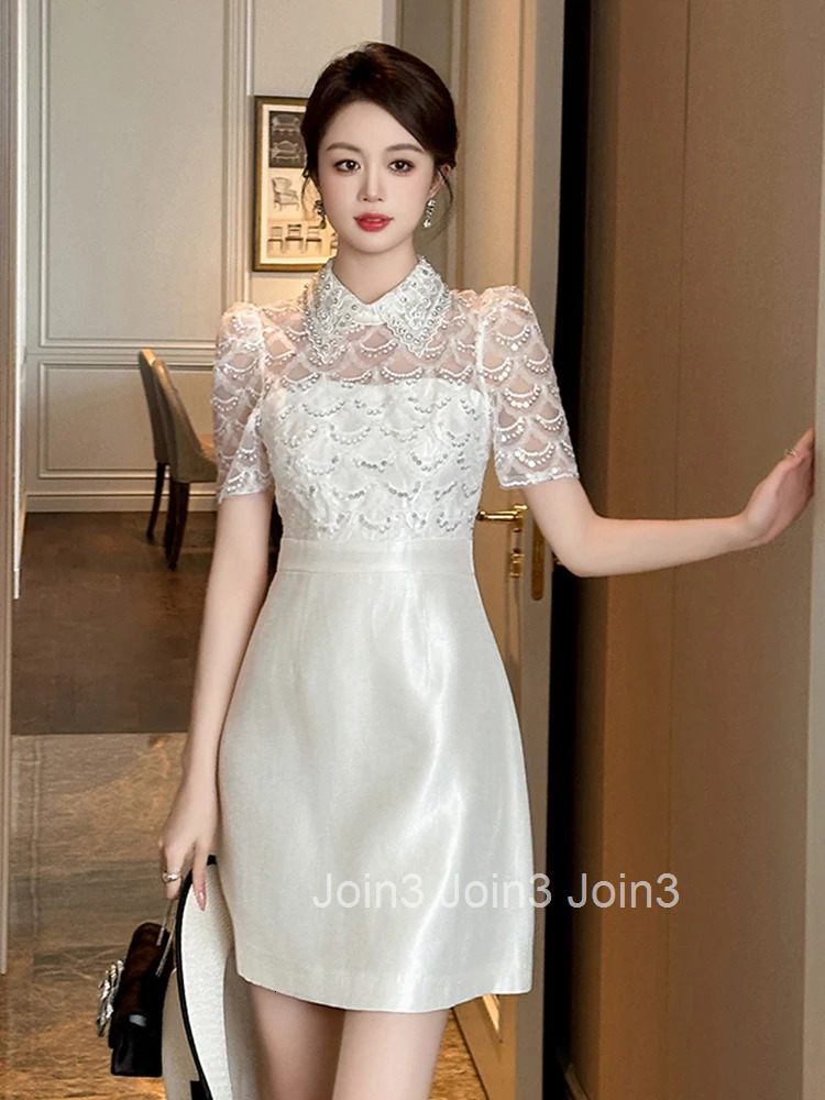 Summer White Satin Elegant Luxury A-Line Short Dress Women Clothes Retro Sequin Sheer Sexy Puff Sleeve Slim Party Prom Vestidos
