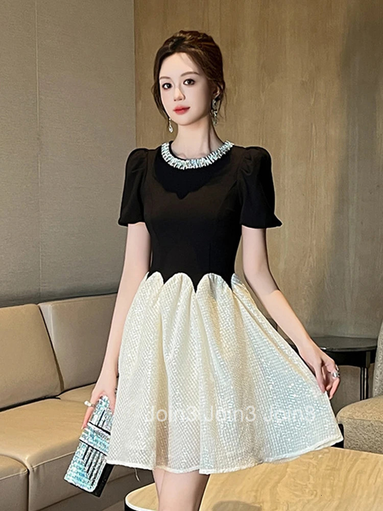 New Summer Elegant Luxury Diamonds O-Neck Gown Evening Dress Women Clothes Retro Puff Sleeve Slim A-Line Party Club Prom Vestido