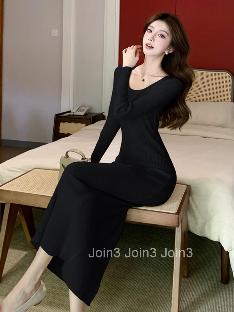 New Autumn Winter Knitted Simple Stretchy Dress Women Clothes Elegant Sweater Casual O-Neck Long Sleeve Skinny Midi Robe Vestido