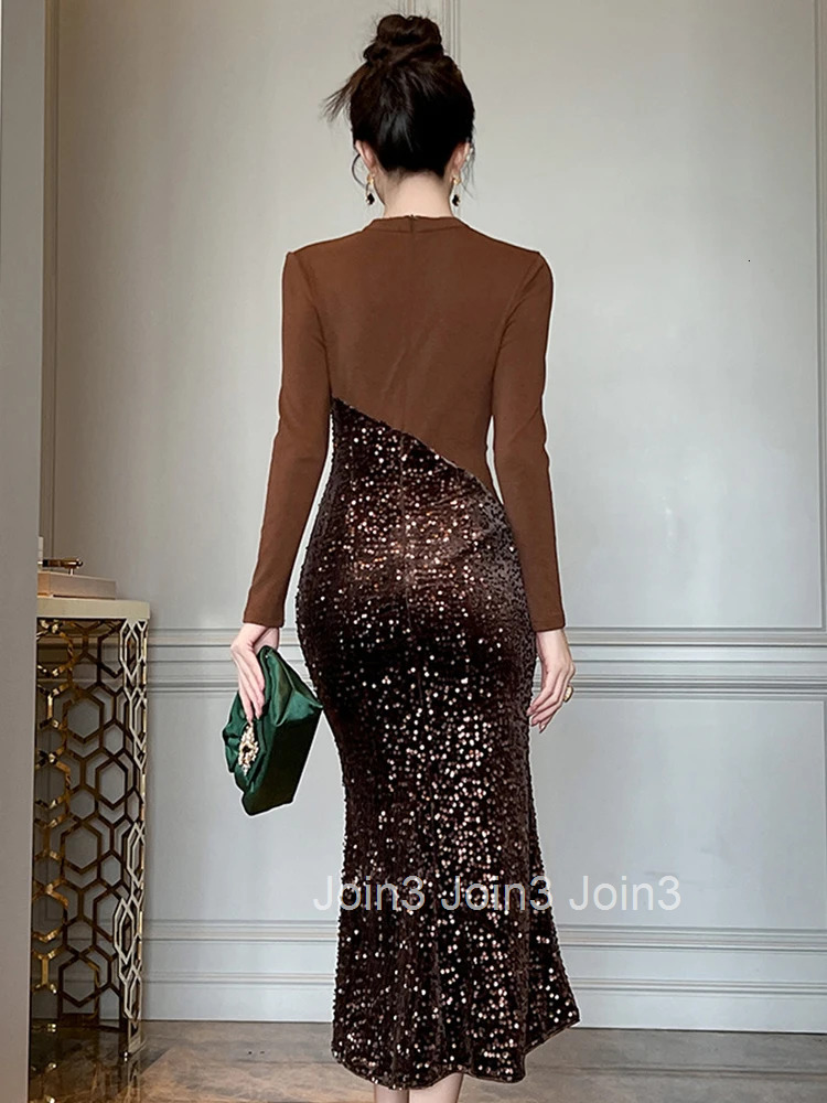 Women Clothes Sparkly Sequin Stand Neck Skinny Midi Fishtail Dress Elegant Luxury Ladies Fashion Party Prom Vestidos Spring New