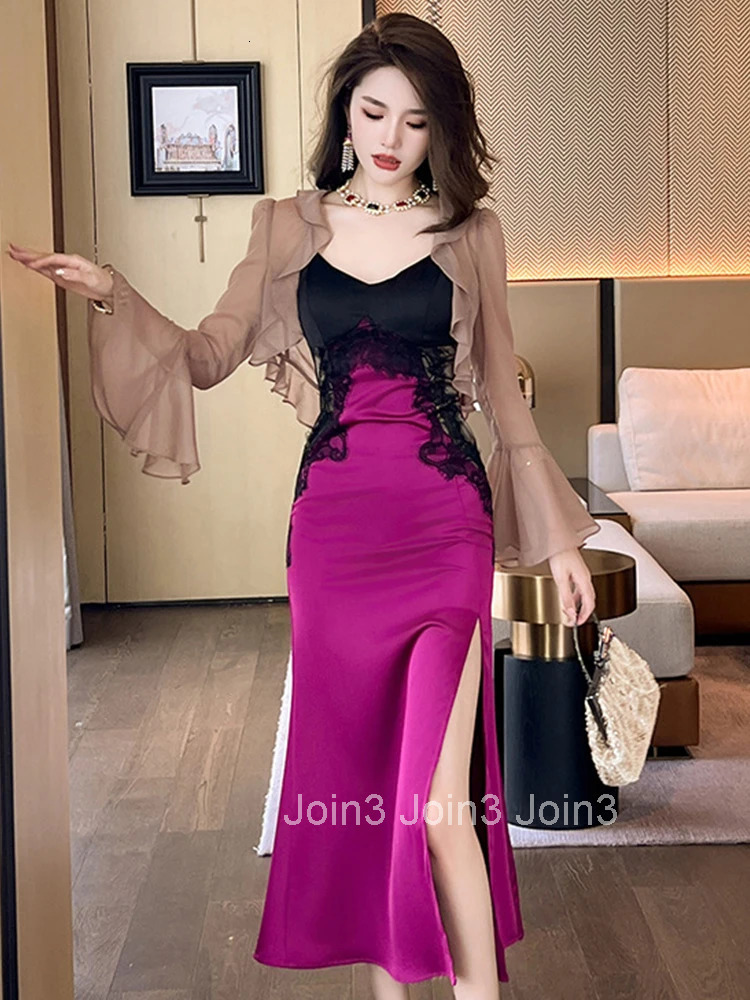 Summer Satin Evening Long Dress Women Elegant Chic Purple Sexy Strap Slim Slit Midi Party Prom Birthday Mujer Vestido Robe Femme