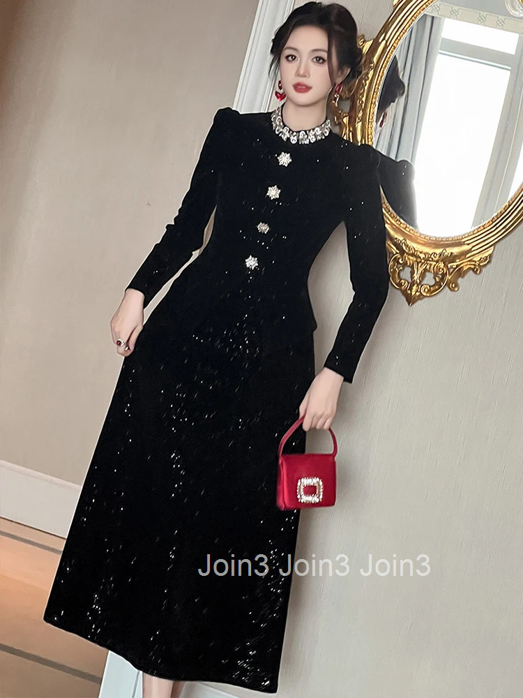 Women Clothes Elegant Luxury Sparkly Black Velvet O-Neck Slim Midi A-Line Long Dress Fashion Evening Party Prom Vestido Robe New