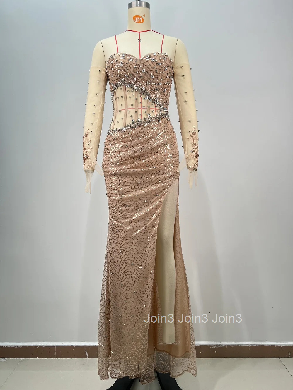 Newest Champagne Long Dress For Women Fashion Diamonds Embelling Sexy Gauze Splicing Bodycone Slim High Slit Cocktail Party Gown