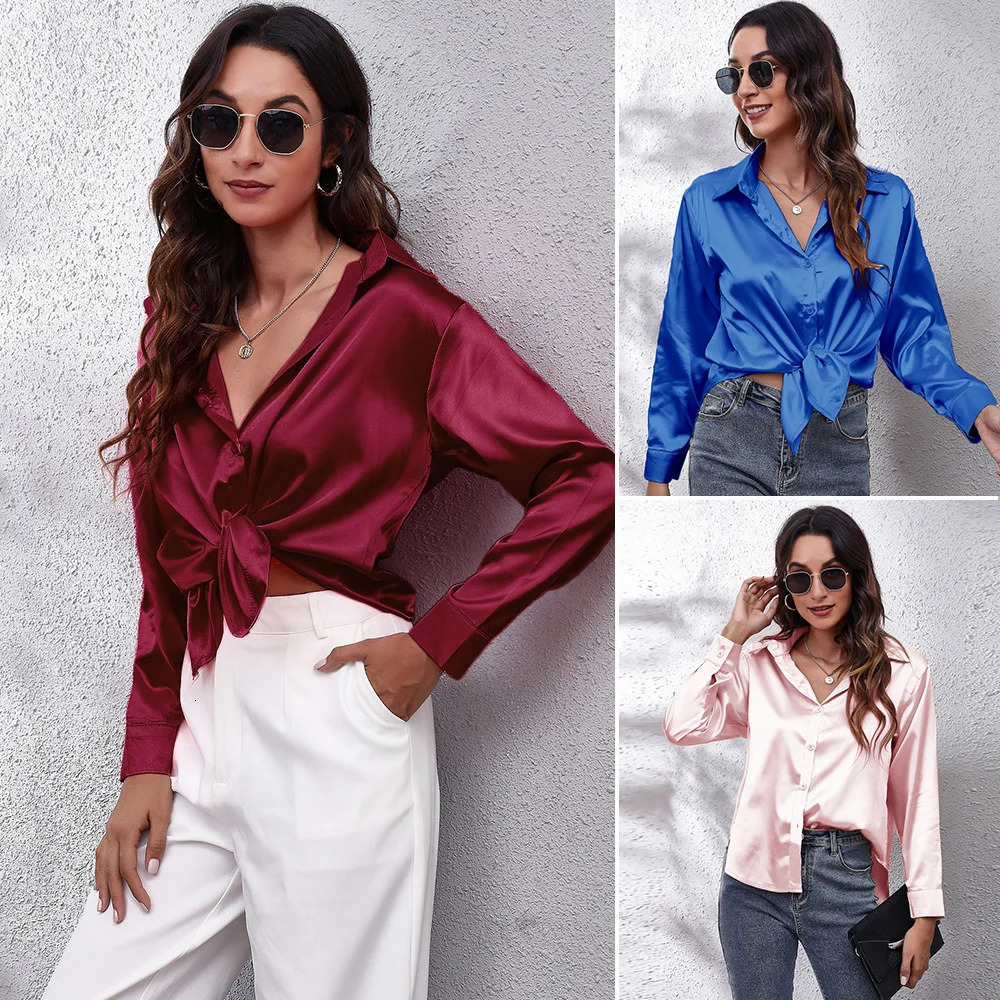 Fashionable Casual Deep V-Neck Solid Color Satin Silk Long Sleeve Shirt For Lady Elegant Commute Lapel Button Blouse 250617